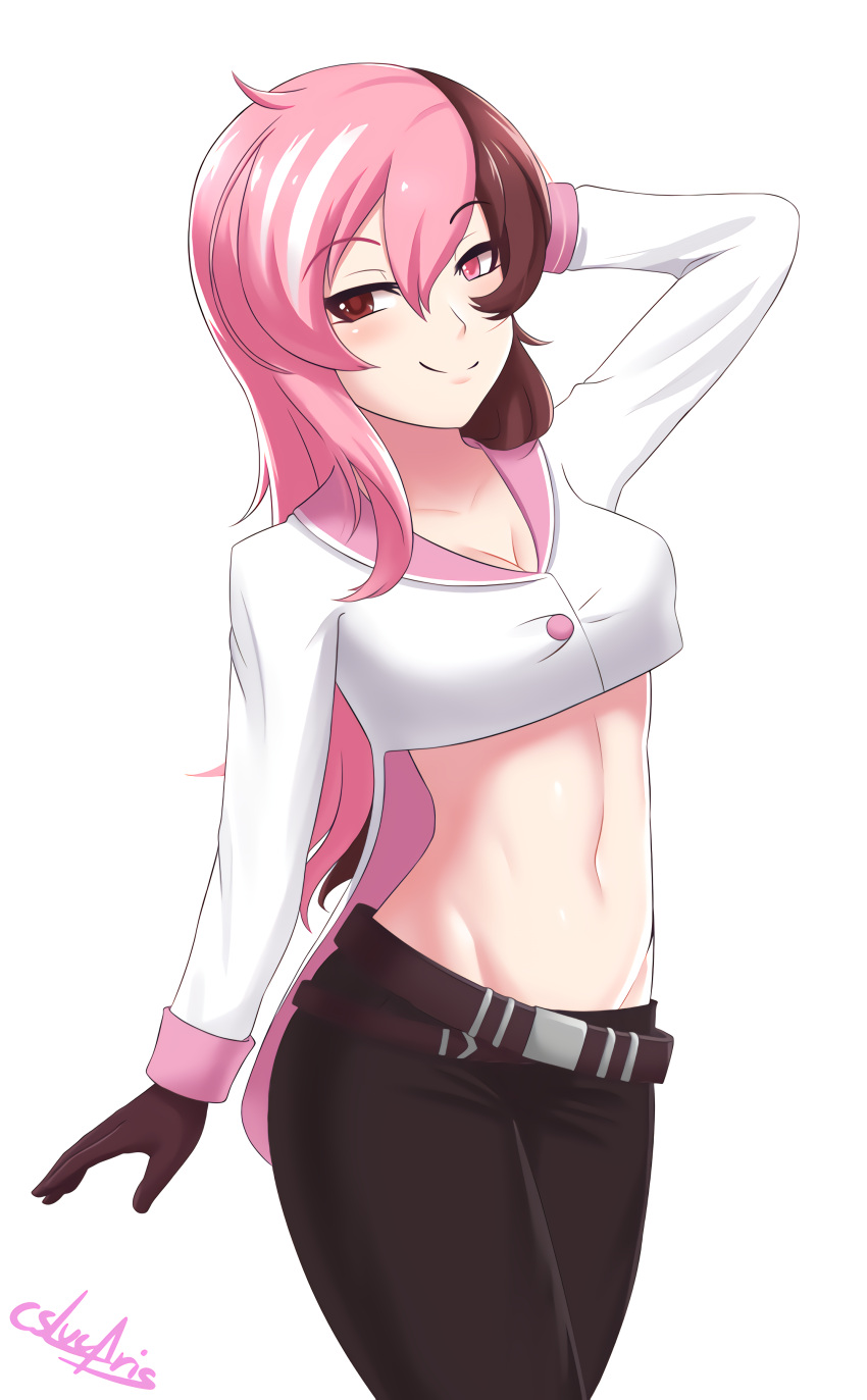 1girls arm_behind_head arm_up belly belly_button belt black_gloves black_pants blush breasts brown_eyes brown_hair cleavage closed_mouth collarbone cowboy_shot crop_top cslucaris female female_only gloves groin hand_on_head heterochromia highres long_hair looking_at_viewer lowleg lowleg_pants medium_breasts midriff multicolored_eyes multicolored_hair navel neo_(rwby) pants pink_eyes pink_hair pose posing rwby seductive seductive_smile sensual signature simple_background smile solo split-color_hair standing stomach straight_hair two-tone_hair