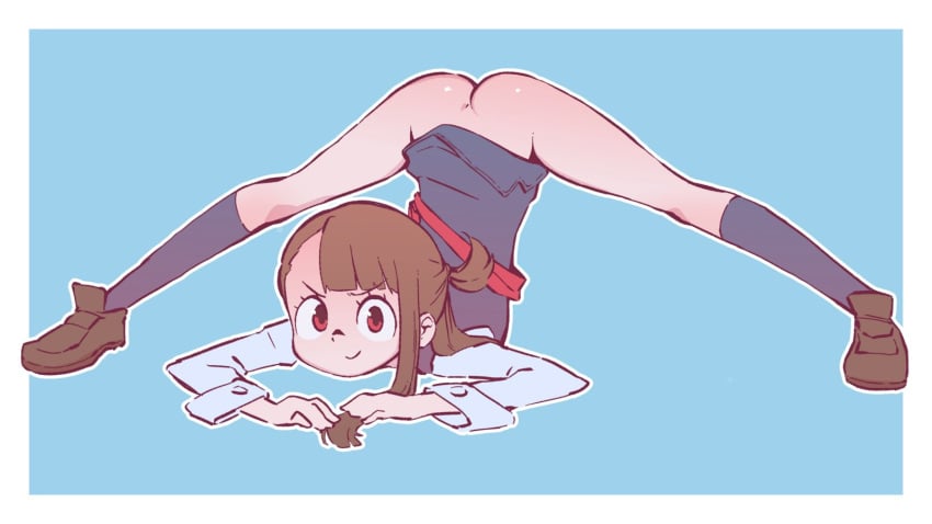 1girls akko_kagari ass bangs blue_background blue_socks blue_vest bottomless brown_hair brown_shoes eyelashes face_down_ass_up female female_only jack-o_pose legs legs_apart little_witch_academia looking_at_viewer orenji ponytail red_eyes shirt shoes simple_background smile socks solo solo_female vest white_border white_shirt