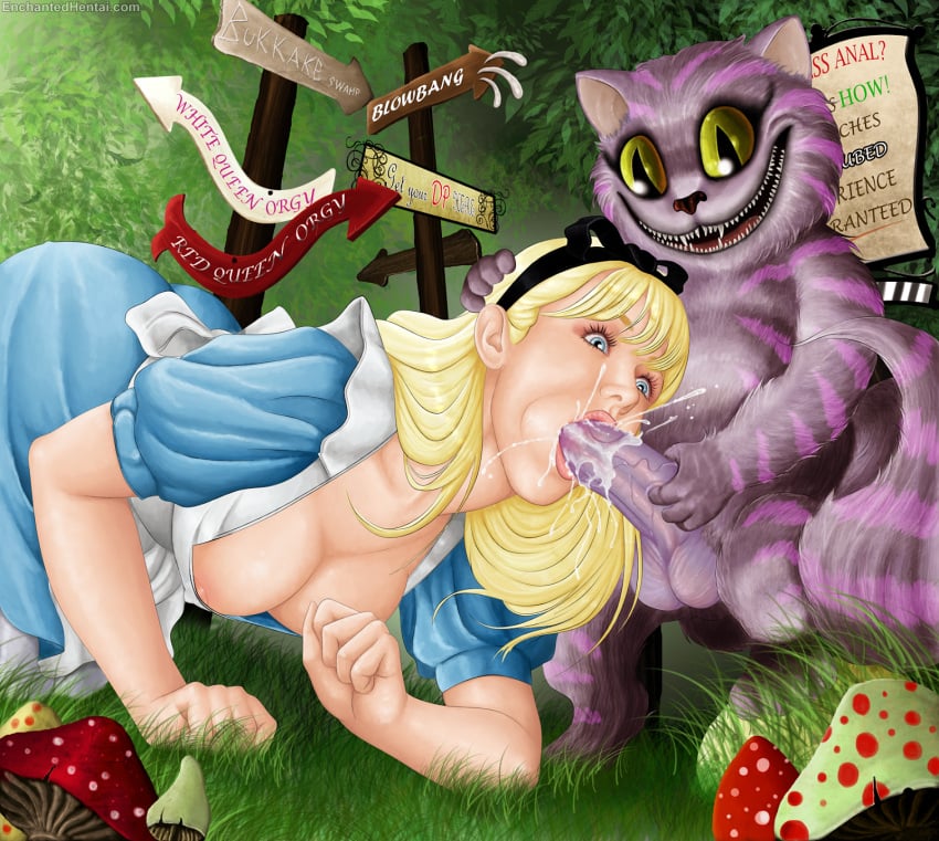 alice_(disney) alice_in_wonderland alice_in_wonderland_(1951_film) alice_liddell balls candle_(artist) cheshire_cat_(disney) cum cum_in_mouth disney enchantedhentai.com female male nipples oral penis testicles wonderland