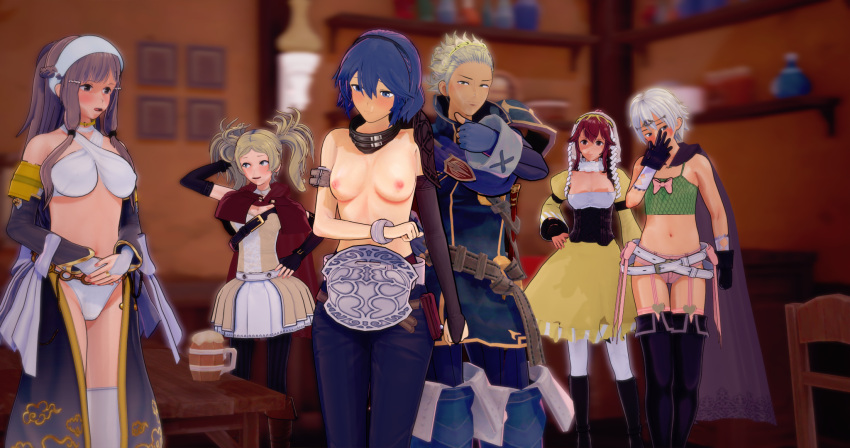 2boys 3d 4girls alternate_costume anna_(fire_emblem) anna_(fire_emblem)_(cosplay) anna_(fire_emblem_fates) blonde_hair blue_hair blush breasts brown_hair cleavage clothing_swap costume_switch embarrassed embarrassed_nude_female fire_emblem fire_emblem_awakening fire_emblem_fates koikatsu lissa_(fire_emblem) lissa_(fire_emblem)_(cosplay) long_hair lucina_(fire_emblem) lucina_(fire_emblem)_(cosplay) midriff navel nintendo nipples nowi_(fire_emblem)_(cosplay) olivia_(fire_emblem)_(cosplay) outfit_swap poly_(artist) ponytail public red_hair robin_(fire_emblem) robin_(fire_emblem)_(male) short_hair sumia_(fire_emblem) thumbs_up topless topless_female twintails vaike_(fire_emblem) vaike_(fire_emblem)_(cosplay) white_hair