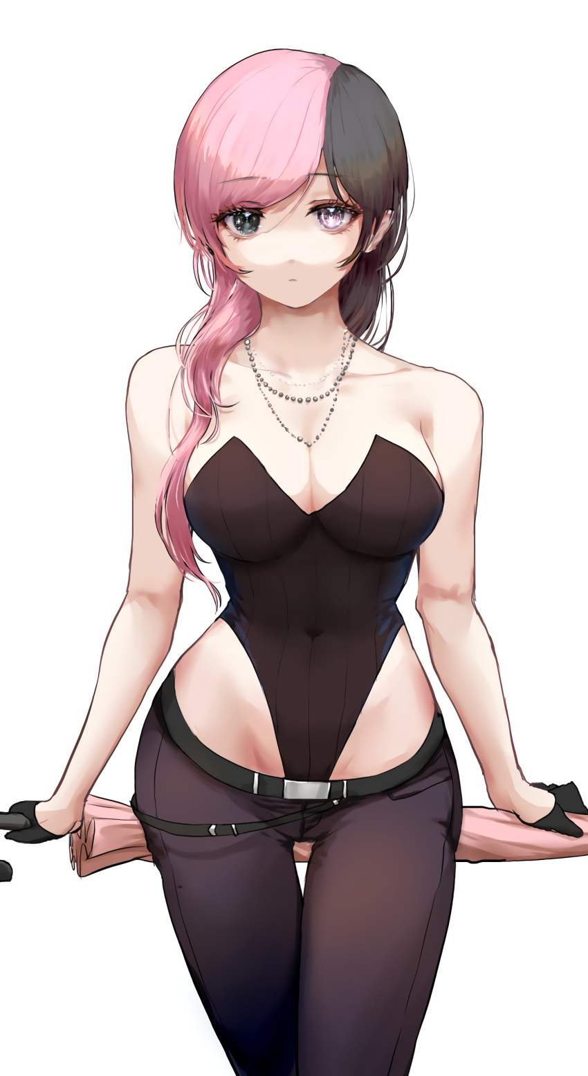 1girls bare_shoulders bead_necklace big_breasts black_eyes black_gloves black_hair black_leotard black_pants breasts busty child_bearing_hips cleavage commentary covered_navel cowboy_shot english_commentary eyelashes female gloves groin half_gloves heterochromia highres hips holding holding_umbrella human hush_(rwby) jewelry large_breasts leotard leotard_under_clothes long_hair looking_at_viewer lowleg lowleg_pants multicolored_hair necklace neo_(rwby) pants parasol pink_eyes pink_hair purple_eyes ribbed_leotard rwby simple_background solo split-color_hair strapless strapless_leotard thigh_gap tl two-tone_hair weapon