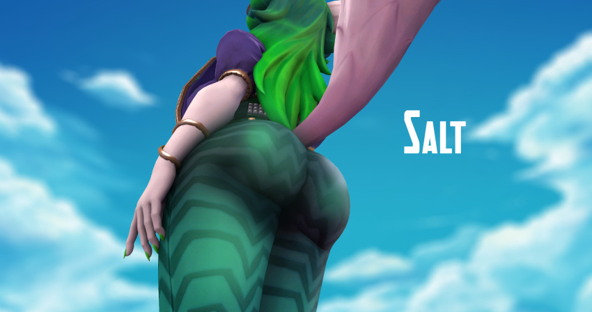 1girls 3d anthro ass big_ass blue_nail_polish clothed female female_only green_hair green_nails hi-rez_studios long_fingernails looking_up painted_nails paladins salt_(paladins) solo tagme white_fur