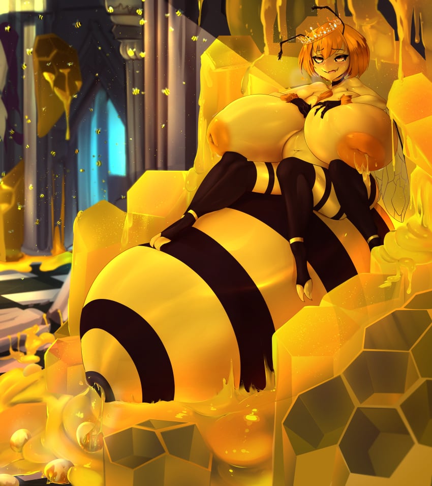 absurdres antennae anthro areolae arthropod_girl bangs bee bee_girl bee_wings black_sclera blush breasts bug checkered_floor colored_sclera colored_skin commentary crown curvy egg_laying english_commentary eyebrows_visible_through_hair female grimmy grimmydraws highres honey huge_breasts insect_wings inverted_nipples large_areolae medium_hair monster_girl multi_leg multi_limb navel nude orange_hair original pillar plump queen_bee smile solo striped wings yellow_eyes yellow_skin