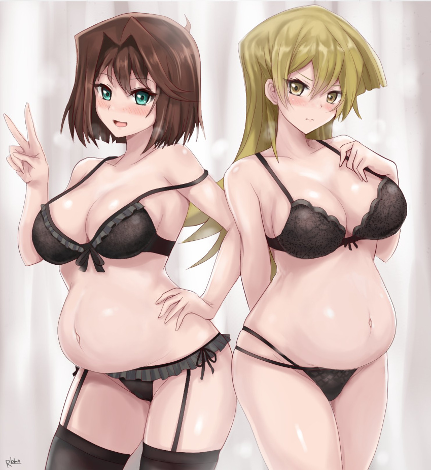 2girls alexis_rhodes anzu_mazaki black_bra black_garter_straps black_legwear black_panties black_stockings blonde_hair blue_eyes blush brown_hair closed_mouth female happy huge_breasts human long_hair looking_at_viewer mazaki_anzu multiple_pregnancies open_mouth peace_sign pregnant r-binon short_hair smiling smiling_at_viewer tea_gardner tenjouin_asuka tongue yellow_eyes yu-gi-oh! yu-gi-oh!_duel_monsters yu-gi-oh!_gx yuu-gi-ou yuu-gi-ou_duel_monsters yuu-gi-ou_gx