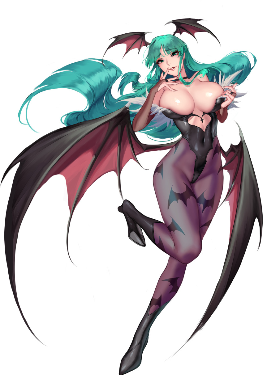1girls 4_wings arched_back arm_up arms_behind_head bangs bare_shoulders blue_hair breasts cianyo cleavage clothing darkstalkers demon demon_girl demon_wings female female_focus female_only front_view green_eyes green_hair hand_on_breast hand_on_head hands_behind_head head_wings heart_cutout highleg_leotard hip_wings inner_sideboob large_breasts leotard long_gloves long_hair looking_at_viewer looking_down morrigan_aensland navel_line no_bra overflowing_breasts pantyhose revealing_clothes sideboob simple_background skimpy skimpy_clothes sole_female solo solo_female solo_focus succubus tagme toned toned_female vampire vampire_(game) white_background wings