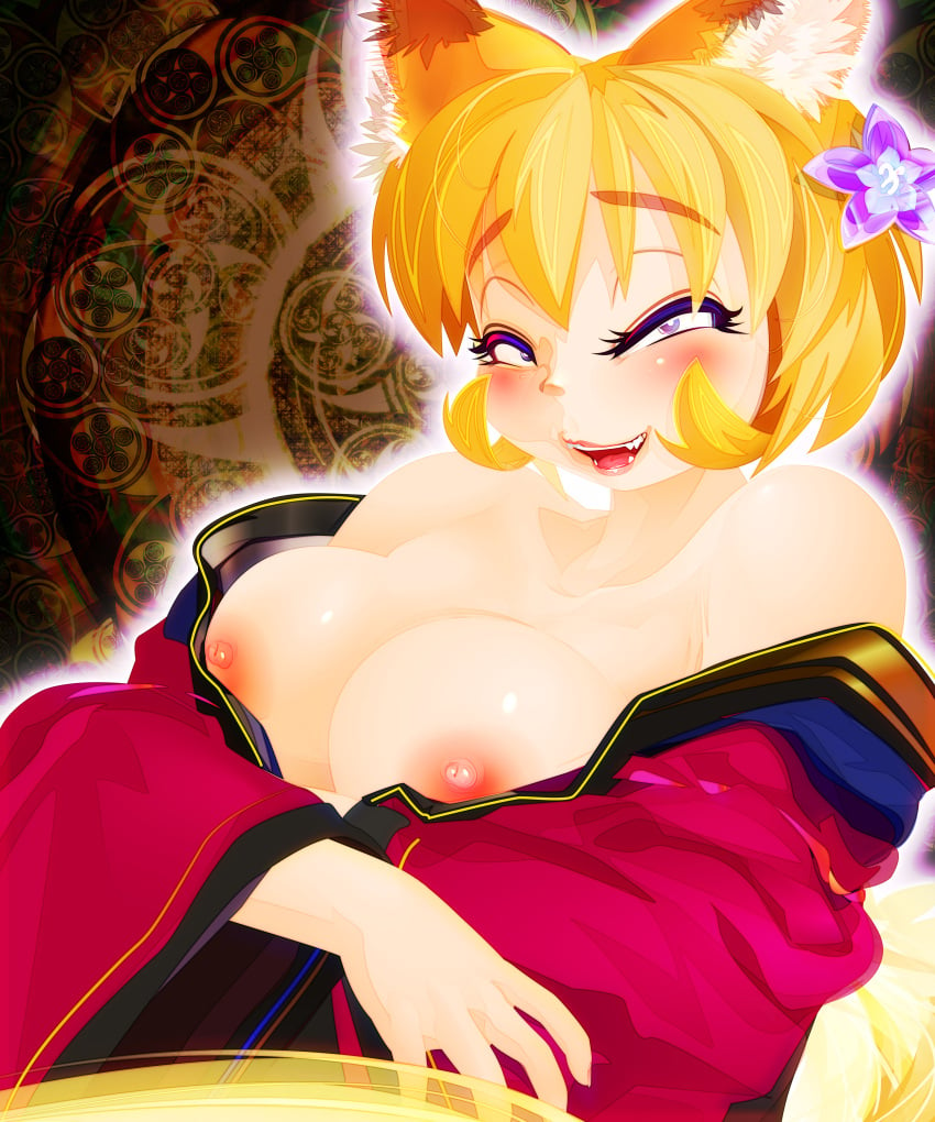 abstract_background absurdres animal_ears bangs blonde_hair blush breasts chromatic_aberration commentary_request eyebrows_visible_through_hair female female flower fox_ears fox_girl hair_flower hair_ornament highres japanese_clothes kimono large_breasts looking_at_viewer nipples off_shoulder open_mouth original purple_eyes red_kimono shiny shiny_skin short_hair smile solo upper_body wide_sleeves yukiman