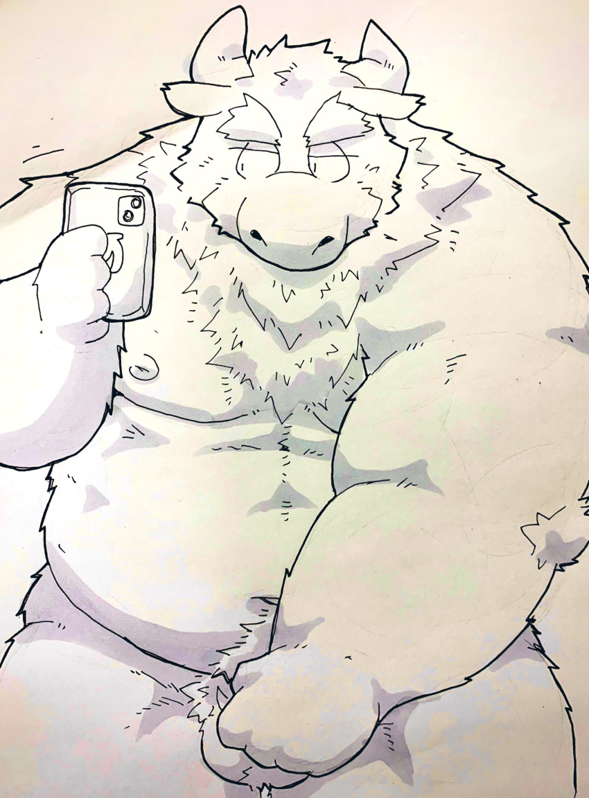 2021 anthro balls belly bovid bovine cattle cellphone genitals hi_res horn kemono male mammal moobs navel nipples overweight overweight_male phone simple_background smartphone solo suishou0602