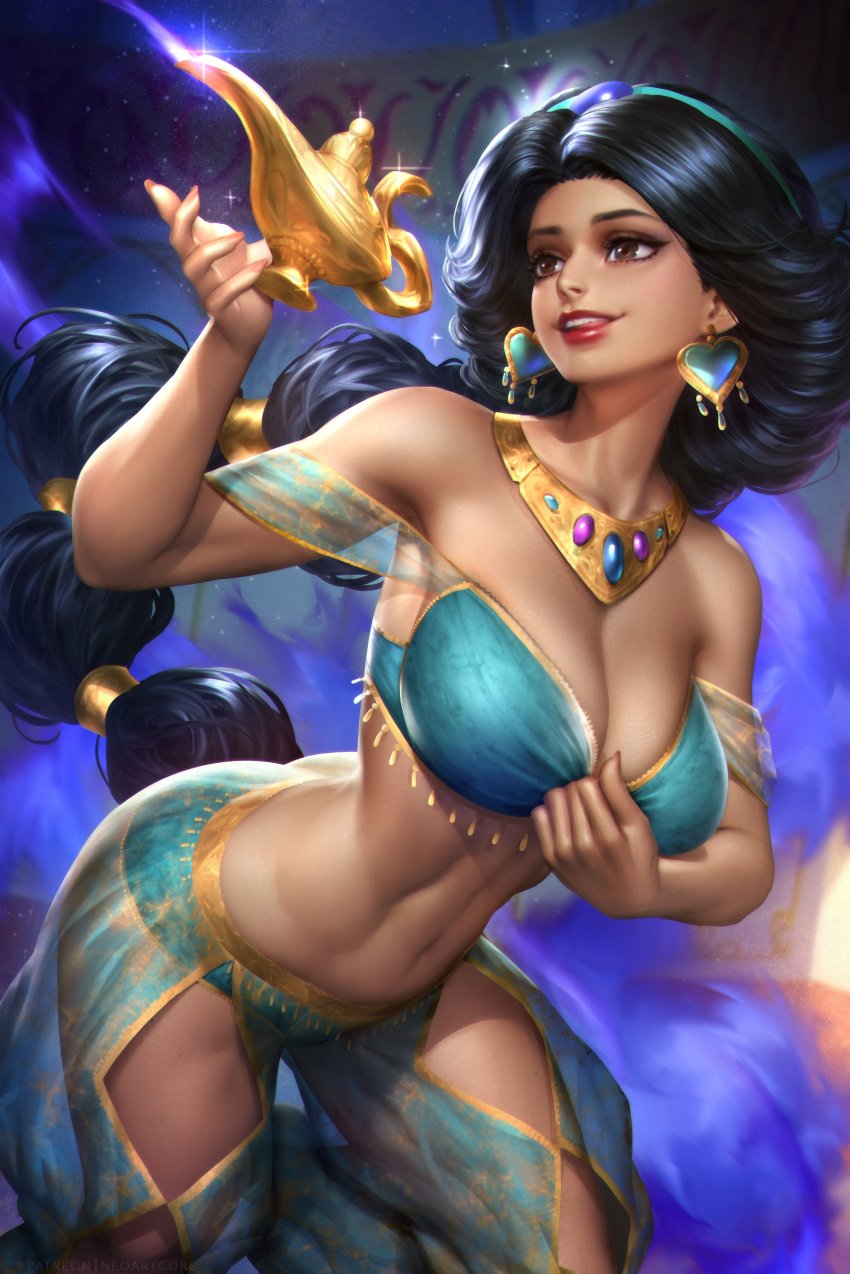 1girls aladdin arabian arabian_clothes ass bare_shoulders big_ass big_butt black_hair brown_eyes cleavage clothed clothed_female clothes clothing dark-skinned_female dark_hair dark_skin disney disney_princess earrings female female_only fully_clothed hair_ornament harem_outfit harem_pants large_breasts larger_version lipstick long_hair magic_lamp navel neoartcore nudtawut_thongmai princess_jasmine realistic revealing_clothes smooth_skin solo tan_skin thick_thighs thighs toned toned_female very_long_hair voluptuous wide_hips