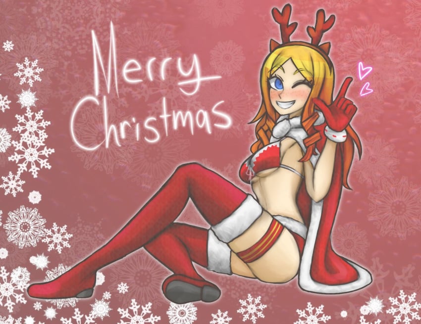 antler_headband blonde_hair blue_eyes danganronpa danganronpa_another fanganronpa female freckles garter_straps gloves maki_kiyoka red_bra red_gloves red_panties santa_costume straight_hair thigh_boots