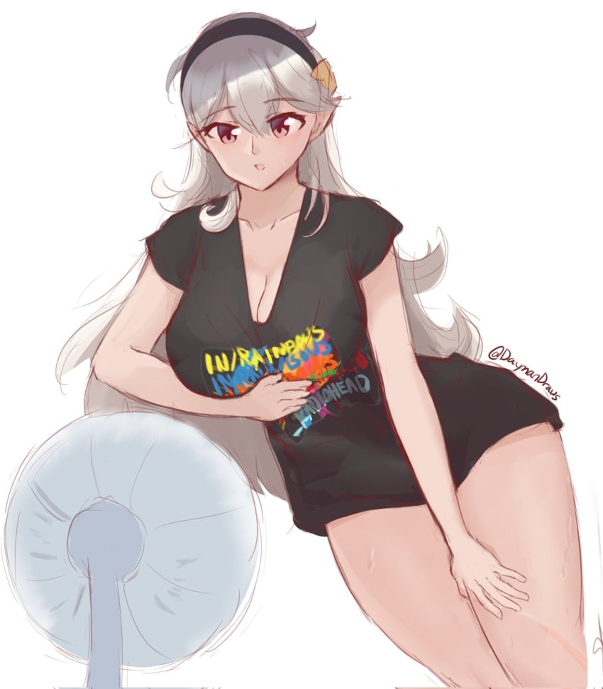 1girls bare_legs bare_thighs breasts cleavage corrin_(fire_emblem) corrin_(fire_emblem)_(female) daymandraws fan female_only fire_emblem fire_emblem_fates grey_hair large_breasts long_hair nintendo pointy_ears red_eyes shirt solo sweat sweating thighs very_long_hair