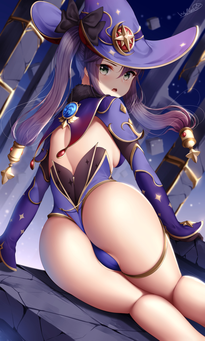 1girls arm_support ass back bare_legs black_gloves blue_leotard capelet detached_sleeves female from_behind genshin_impact gloves gold_trim grey_eyes hat highleg highleg_leotard highres leotard long_hair long_sleeves looking_at_viewer looking_back mona_(genshin_impact) open_mouth purple_hair purple_headwear sitting solo thighlet thighs twintails witch_hat wsman