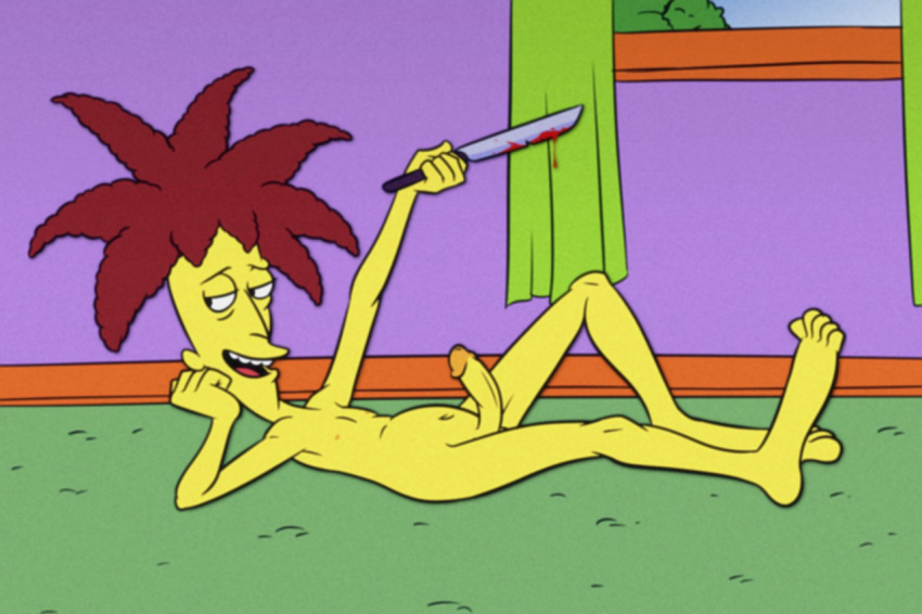 20th_century_fox 20th_century_studios blood erection knife ladysomnambule lying male male_only open_mouth penis red_hair robert_terwilliger sideshow_bob solo the_simpsons window yellow_skin