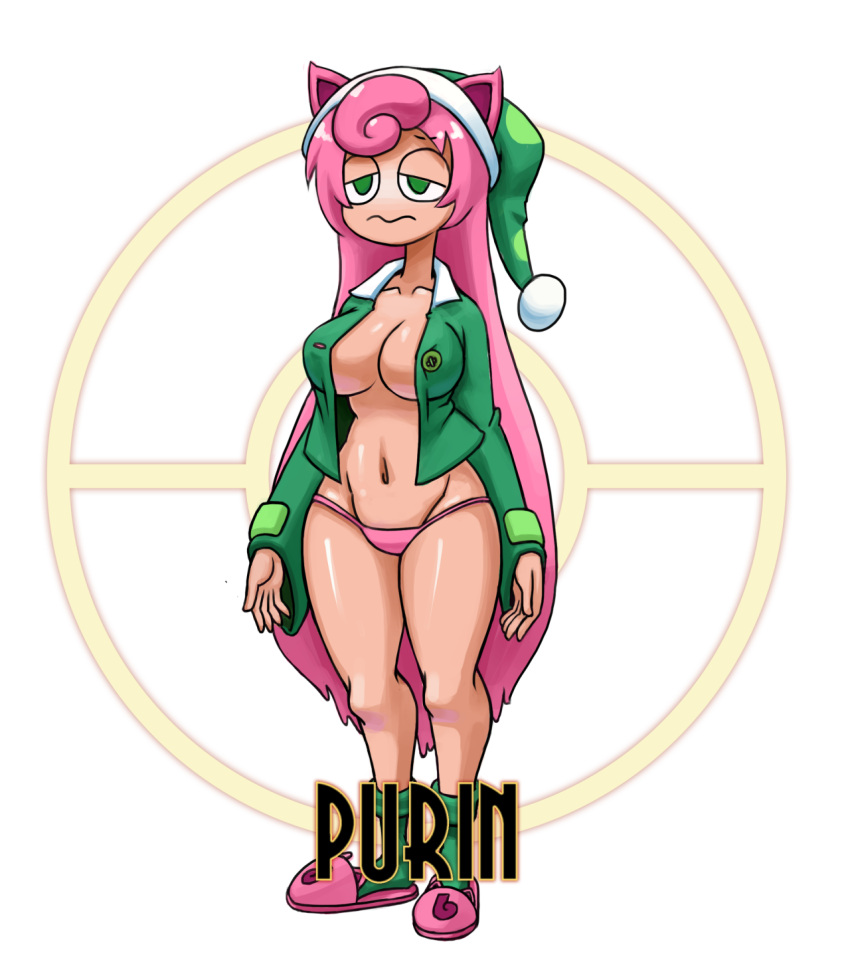 1girls 2017 animal_ears breasts character_name cleavage clothing eyebrows_visible_through_hair female female_only full_body gijinka green_clothing green_eyes half-closed_eyes hat highres humanized humanized_pokemon jacket jigglypuff jigglypuff_girl large_breasts long_hair minus8 navel nintendo no_bra open_clothes open_jacket panties pink_hair pink_panties poke_ball pokemon pokemon_(species) pokemon_rgby simple_background sleepy slippers socks solo super_smash_bros. thick_thighs thighs underwear very_long_hair wavy_mouth white_background wide_hips wide_sleeves