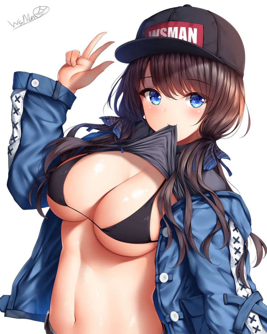 1girls bangs baseball_cap belt bikini black_bikini black_headwear blue_eyes blue_jacket breasts brown_hair cleavage clothes_lift clothes_writing eyebrows_visible_through_hair female grey_shirt hand_up hat highres jacket large_breasts lifted_by_self long_hair long_sleeves looking_at_viewer low_twintails mouth_hold navel open_clothes open_jacket original shiny shiny_skin shirt shirt_in_mouth shirt_lift sidelocks smile solo stomach swimsuit twintails upper_body wsman