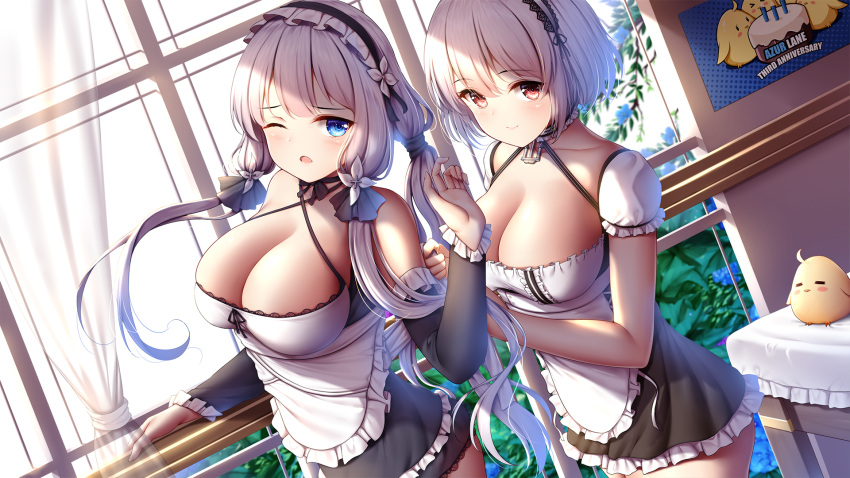 2girls ;o alternate_costume apron azur_lane bangs bare_shoulders bird black_dress black_hairband black_skirt blue_eyes blush breasts chick cleavage closed_mouth curtains day detached_sleeves dress dutch_angle enmaided female frilled_dress frills hair_ribbon hairband headdress highres illustrious_(azur_lane) indoors lace-trimmed_hairband lace_trim large_breasts long_hair long_sleeves looking_at_viewer maid maid_apron manjuu_(azur_lane) multiple_girls one_eye_closed open_mouth puffy_short_sleeves puffy_sleeves red_eyes ribbon short_dress short_hair short_sleeves silver_hair sirius_(azur_lane) skirt standing strapless strapless_dress tri_tails tying_hair white_dress white_hair window wsman