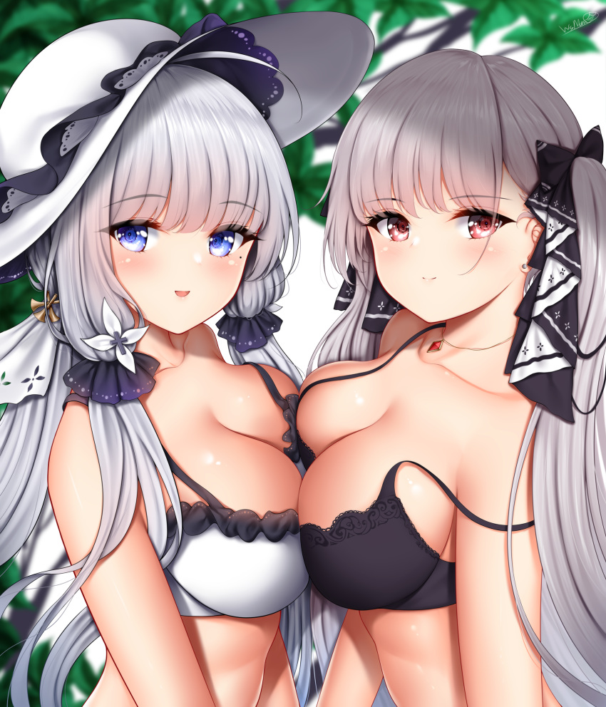 2girls :d azur_lane bangs bare_shoulders black_bra blue_eyes blurry blurry_background blush bra breast_press breasts c: cleavage collarbone day earrings eyebrows_visible_through_hair female formidable_(azur_lane) frilled_bra frills grey_hair hair_ornament hair_ribbon hat highres illustrious_(azur_lane) jewelry lace_trim large_breasts long_hair looking_at_viewer mole mole_under_eye multiple_girls necklace open_mouth outdoors red_eyes ribbon ruby_(gemstone) smile strap_slip sun_hat symmetrical_docking twintails two-tone_ribbon underwear very_long_hair white_bra white_hair white_headwear wsman