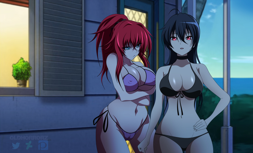 2girls beach bikini black_bikini black_hair blue_eyes chuunibyou_demo_koi_ga_shitai! crossover dark_hair high_school_dxd huge_ass huge_breasts large_breasts multiple_girls nipples_visible_through_clothing oldhorrorz pink_bikini red_eyes red_hair rias_gremory takanashi_touka