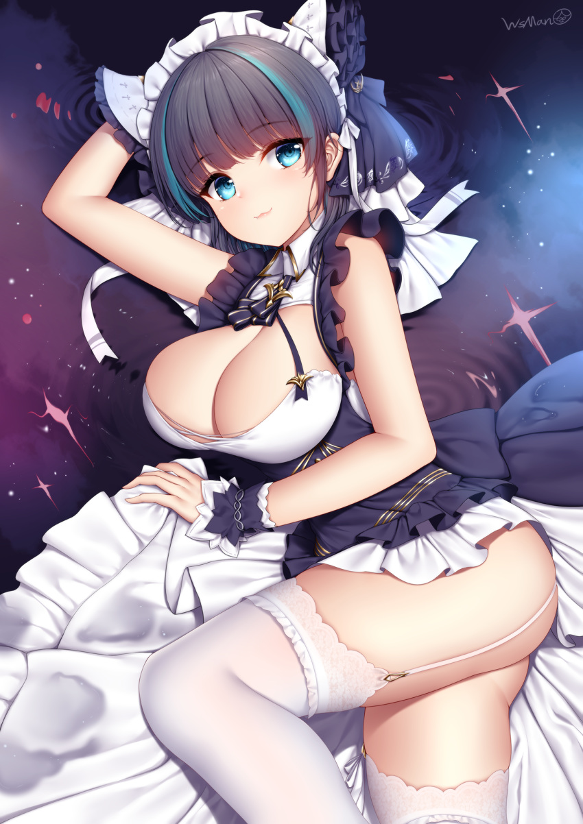 1girls :3 aqua_eyes ass azur_lane black_hair blush breasts cheshire_(azur_lane) cleavage detached_sleeves dress eyebrows_visible_through_hair female frills garter_straps hairband highres large_breasts looking_at_viewer lying maid_headdress multicolored_hair on_side puffy_sleeves ribbon smile solo streaked_hair thighhighs thighs white_legwear wrist_cuffs wsman