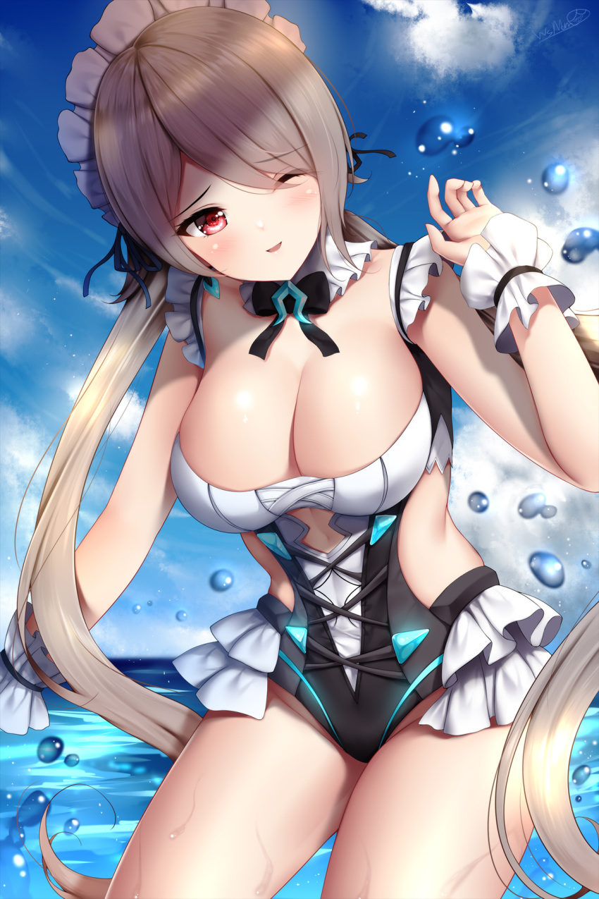 1girls :d alternate_costume bare_shoulders beach black_bow black_bowtie blue_sky blush bowtie breasts cleavage clothing_cutout cloud cowboy_shot day detached_collar eyebrows_visible_through_hair female frilled_swimsuit frills groin hair_over_one_eye highres honkai_(series) honkai_impact_3rd large_breasts long_hair looking_at_viewer low_twintails maid_headdress navel one_eye_closed open_mouth outdoors red_eyes rita_rossweisse shiny shiny_skin short_hair side_cutout signature skindentation sky smile solo stomach swimsuit thighs twintails underboob_cutout very_long_hair wading water_drop wet wrist_cuffs wsman