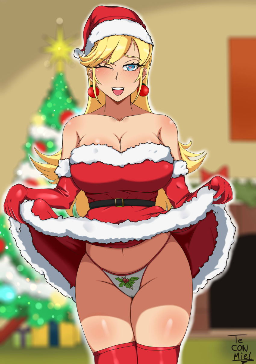 1girls ayanchan25 belt big_breasts blonde_hair blue_eyes breasts christmas christmas_ornament christmas_outfit christmas_tree cleavage female female_only gloves hat heart-shaped_pupils hips huge_breasts large_breasts leni_loud mistletoe_panties one_eye_closed open_mouth panties red_stockings red_thighhighs santa_costume santa_hat smile solo solo_female solo_focus stockings strapless strapless_dress teconmiel the_loud_house thick thick_thighs thigh_highs thighhighs thighs underwear wide_hips wink