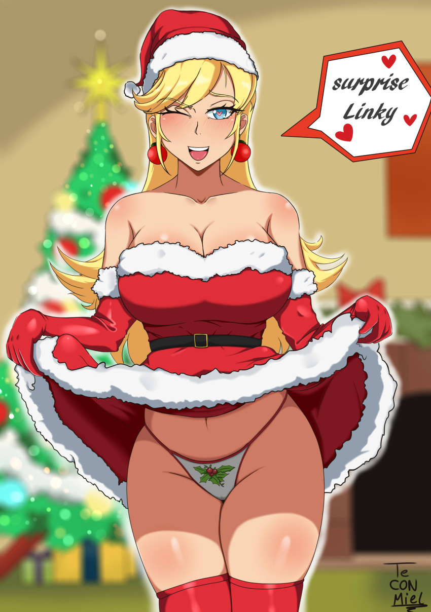 1girls ayanchan25 belt big_breasts blonde_hair blue_eyes breasts christmas christmas_ornament christmas_outfit christmas_tree cleavage dialogue english_text female female_only gloves hat heart-shaped_pupils hips huge_breasts large_breasts leni_loud mistletoe_panties one_eye_closed open_mouth panties red_stockings red_thighhighs santa_costume santa_hat smile solo solo_female solo_focus stockings strapless strapless_dress teconmiel text the_loud_house thick thick_thighs thigh_highs thighhighs thighs underwear wide_hips wink