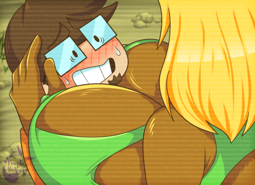 anthro big_breasts blonde_hair blush breasts brown_body brown_fur callie_(furry_force) collegehumor crushing eyewear facial_hair female fur furry_force glasses goatee hair hug human male male/female mammal parody purplevulpes redraw rodent saberspark sciurid shy solo white_body white_skin