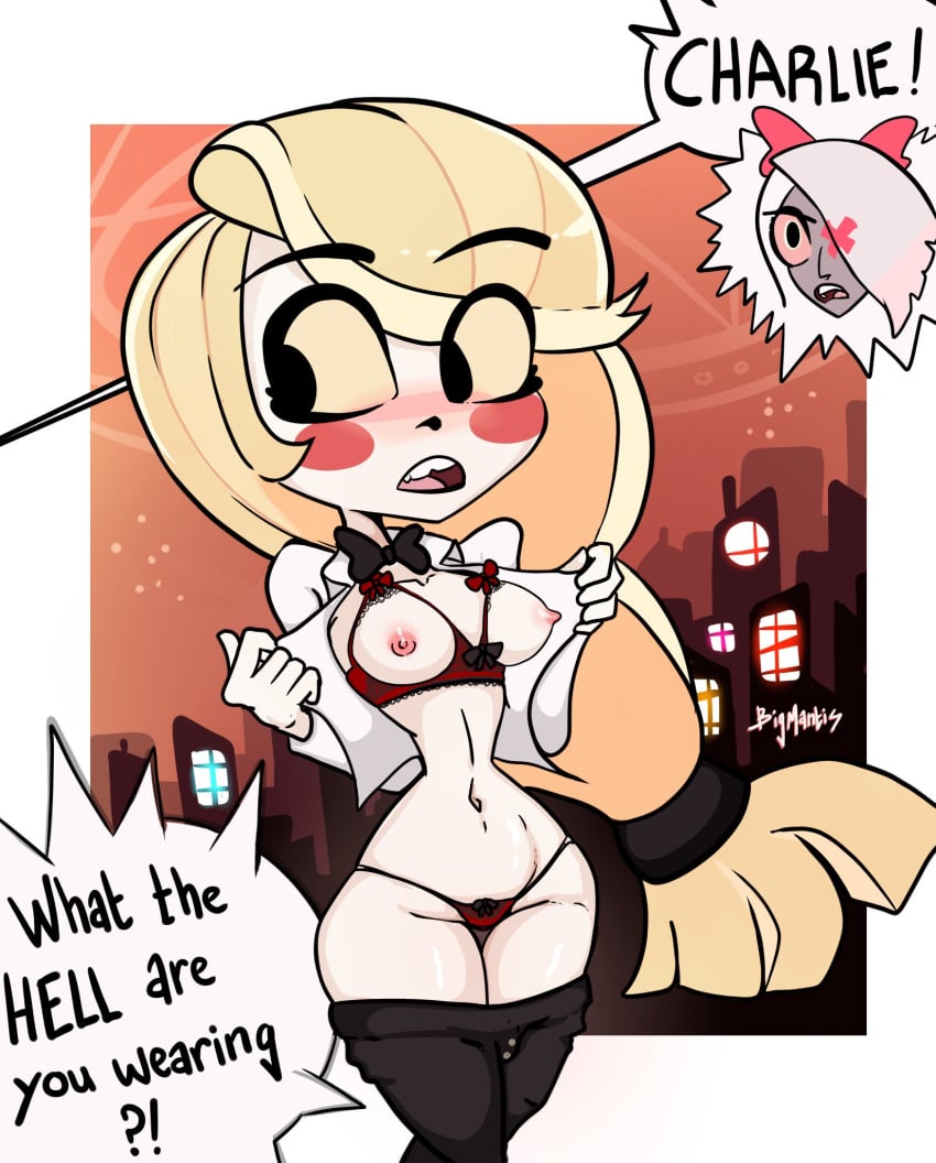 bigmantis breasts charlie_morningstar_(hazbin_hotel) clothing demon_girl english_text female hazbin_hotel long_hair monster_girl nipples panties succubus text thick_thighs thin_waist thong underwear vaggie_(hazbin_hotel) wide_hips