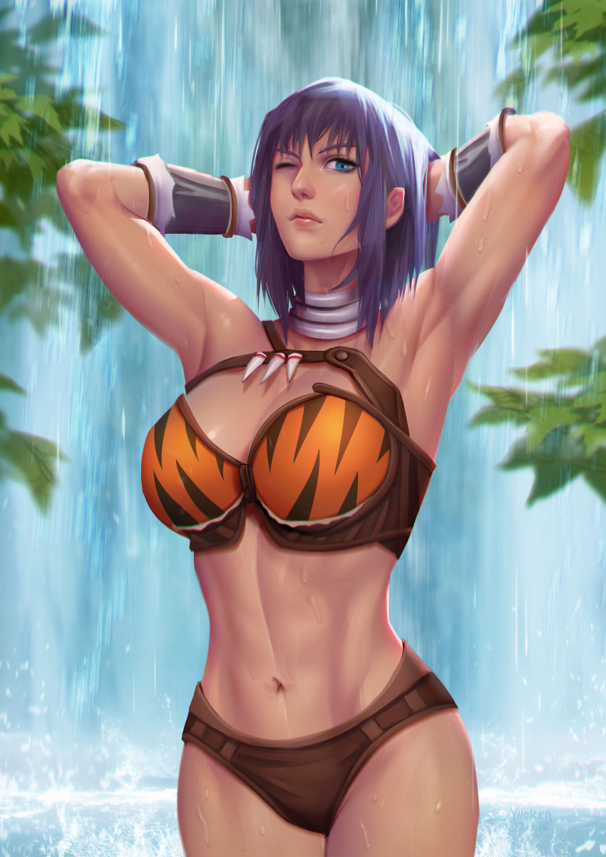 1girls animal_print_clothing armpits arms_above_head bikini blue_eyes dark-skinned_female dark_skin female large_breasts lilika medium_hair one_eye_closed purple_hair rogue_galaxy toned toned_female waterfall waterfall_shower ynorka