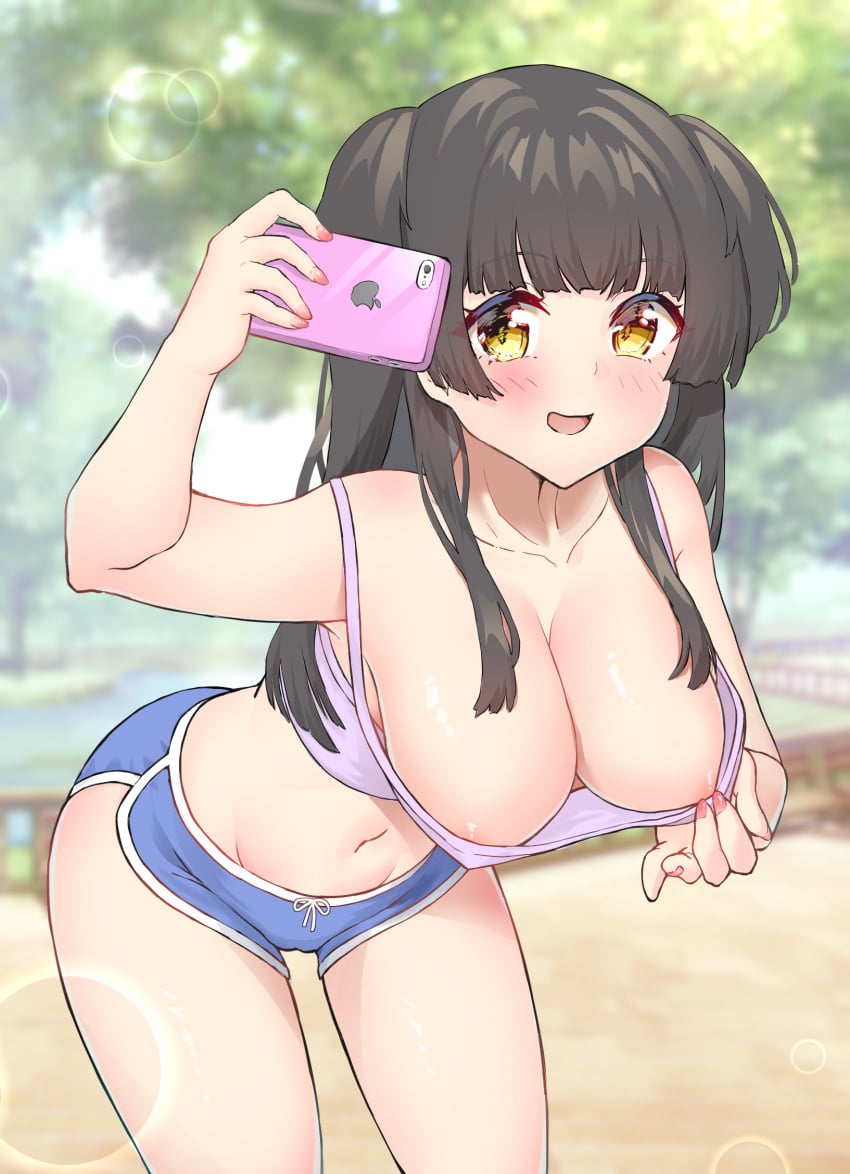 :d areola_slip areolae arm_up bangs bare_arms bare_shoulders black_hair blue_shorts blunt_bangs blurry blurry_background breasts brown_eyes c8oyk camisole cellphone cleavage collarbone crop_top day depth_of_field eyebrows_visible_through_hair female groin highres holding holding_phone idolmaster idolmaster_shiny_colors leaning_forward long_hair looking_at_viewer mayuzumi_fuyuko midriff nail_polish navel open_mouth outdoors phone purple_camisole red_nails selfie short_shorts shorts smile solo strap_slip two_side_up