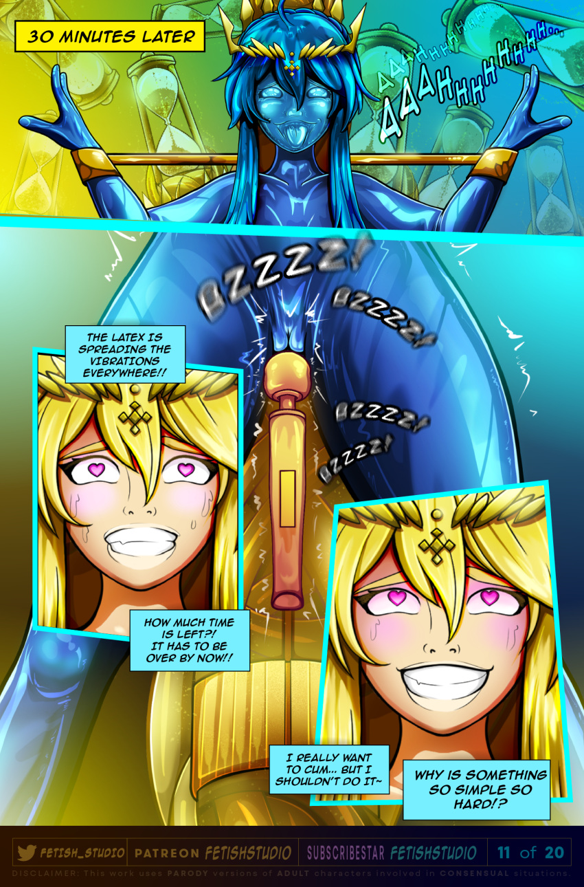 artoria artoria_pendragon_(fate) artoria_pendragon_(lancer) bdsm_gear biological_unit blonde_eyebrows blonde_hair bondage bondage_furniture bondage_gear bondage_outfit comic comic_cover comic_page core_life_unit crown encasement english_text fate/grand_order fate/stay_night fate_(series) female female_focus female_only fetish_studio fetishabyss fetishstudio gold gold_(metal) gold_encasement gold_eyes gold_hair golden_eyes golden_hair green_eyes inanimate inanimate_transformation latex latex_bondage latex_encasement latex_suit mineralization page_11 parody parody_comic parody_porn petrification petrified rhongomyniad statue subscribestar_username transformation transformation_sequence vibrator