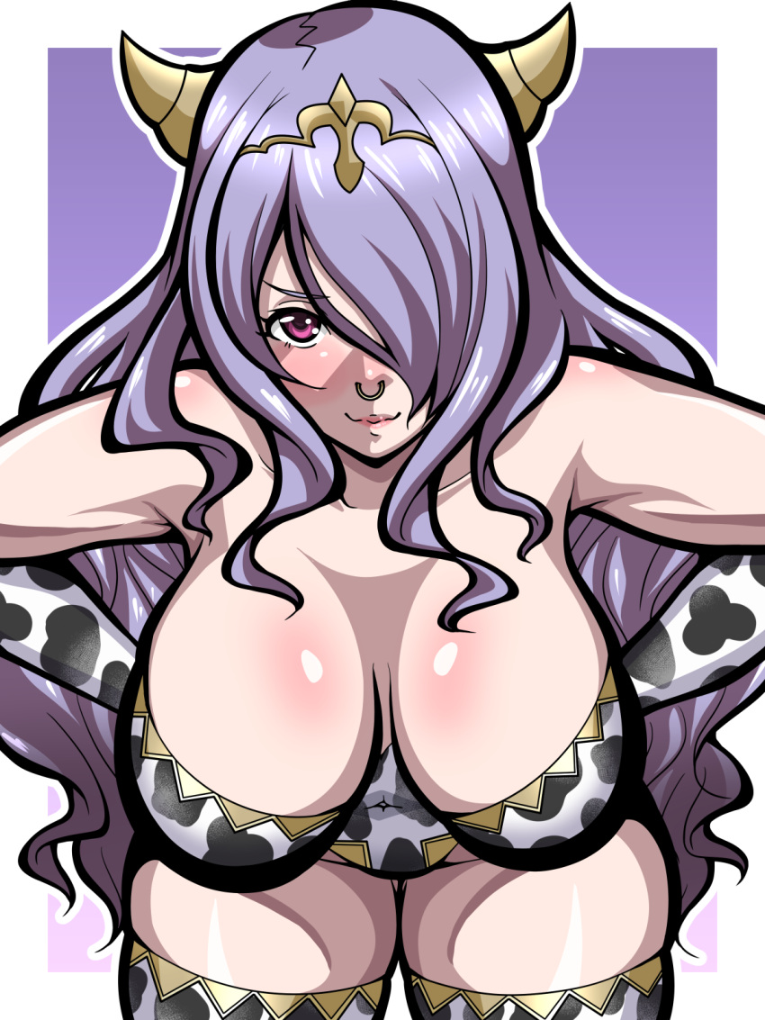 >:) 1girls bare_thighs breasts camilla_(fire_emblem) cow_girl cow_print elbow_gloves female female_only fire_emblem fire_emblem_fates gloves hair_over_one_eye horns inabakun00 large_breasts leaning_forward leotard long_hair looking_at_viewer nintendo nose_piercing nose_ring piercing purple_eyes purple_hair smile solo thighhighs thighs very_long_hair wavy_hair year_of_the_ox