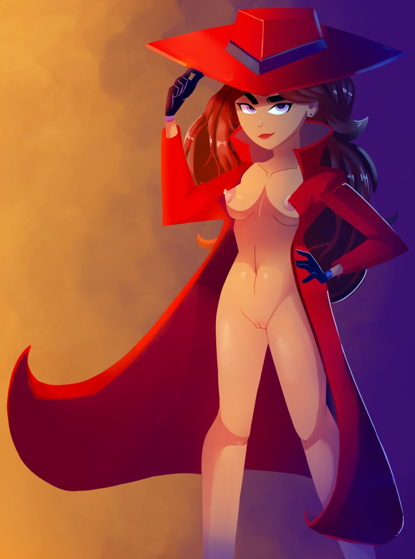 breasts carmen_sandiego carmen_sandiego_(2019) casual coat confident dark_skin fedora female handwear headwear human naked nipples nude oddciders outerwear solo tagme trenchcoat