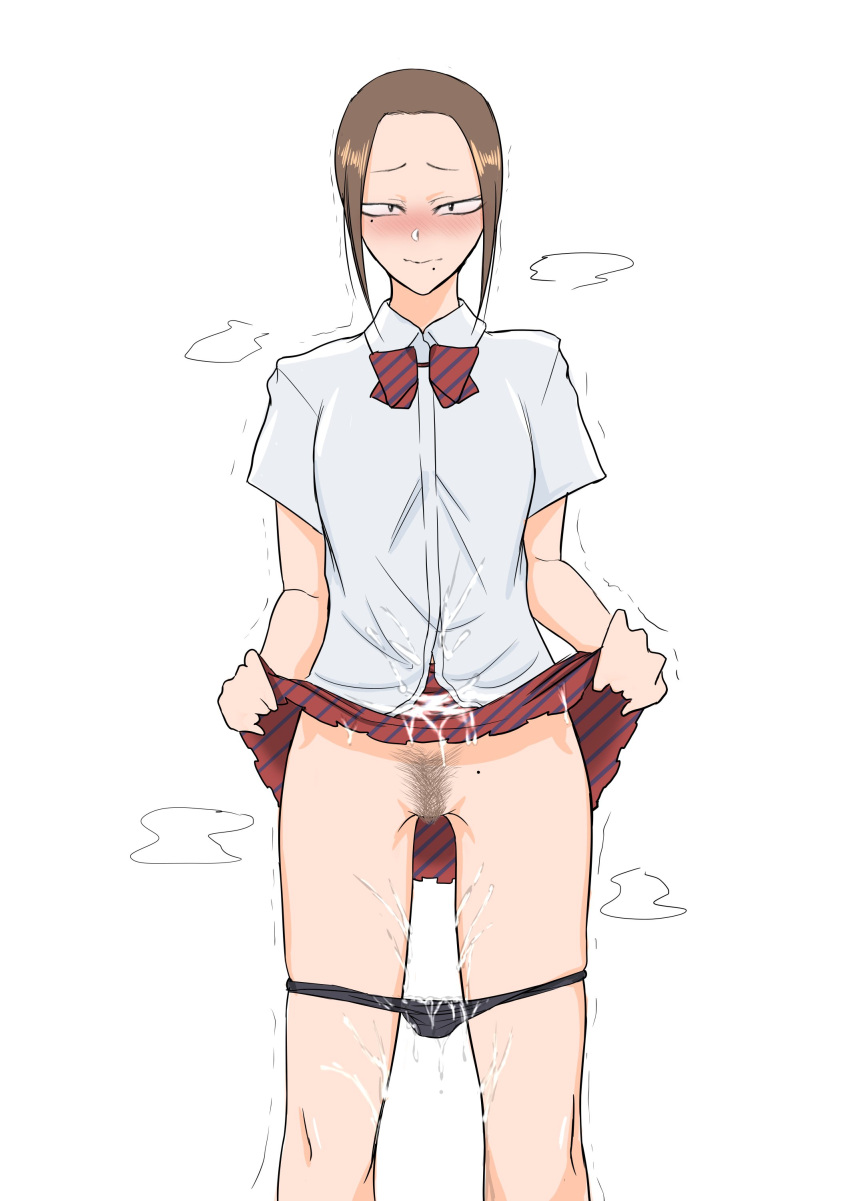 1girls beauty_mark blush blushing brown_hair cum_on_panties cum_on_shirt cum_on_skirt cum_on_thighs doodle eye_contact female genital_fluids iamyourkumasan komi-san_wa_komyushou_desu looking_at_viewer mole_under_eye onemine_nene panties panties_down pubic_hair school_uniform skirt skirt_lift solo white_background