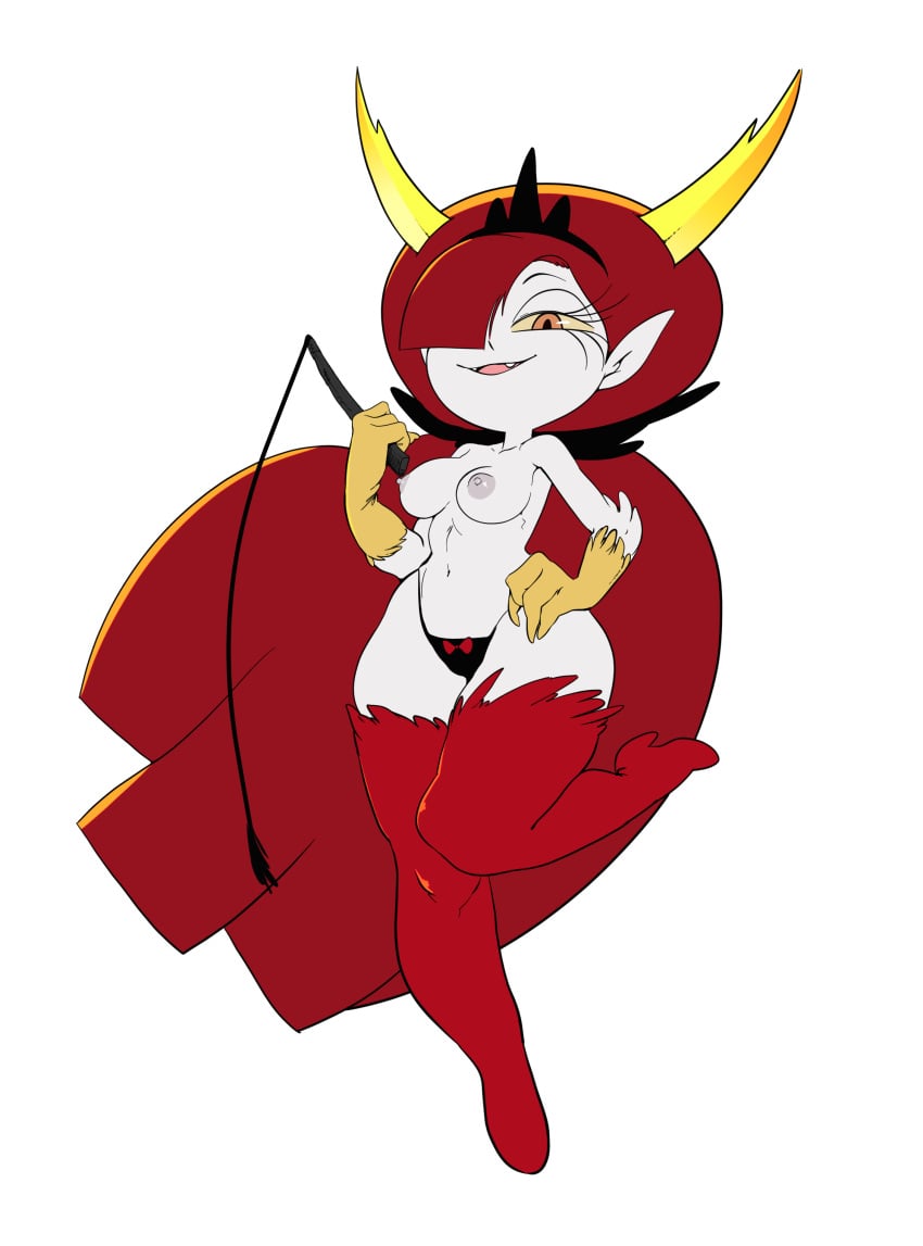 big_breasts bikini_bottom black_panties breasts demon_girl disney disney_channel disney_xd female hekapoo horns huge_hair long_eyelashes long_hair looking_at_viewer nipples panties red_hair sharp_teeth smile solo star_vs_the_forces_of_evil underwear whip white_skin yellow_elephant yellow_sclera