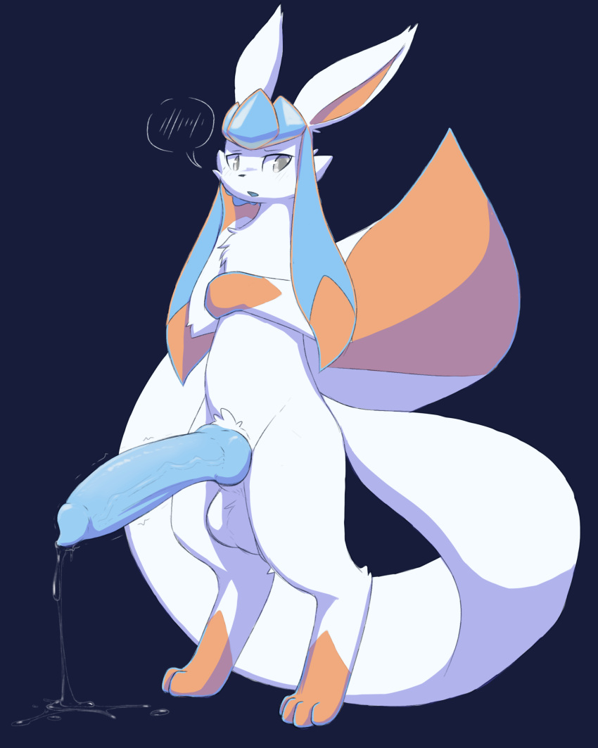 absurd_res alternate_color animal_genitalia animal_penis anthro anthrofied balls big_balls big_penis big_tail blush bodily_fluids canine_penis conditional_dnp digitigrade draco_(artist) eeveelution excessive_precum fur furry furry_only genital_fluids genitals glaceon hi_res huge_cock knot konixkun looking_down male male_only nintendo paws penis pokémon_(species) pokemon pokemon_(species) precum shy solo standing tail video_games