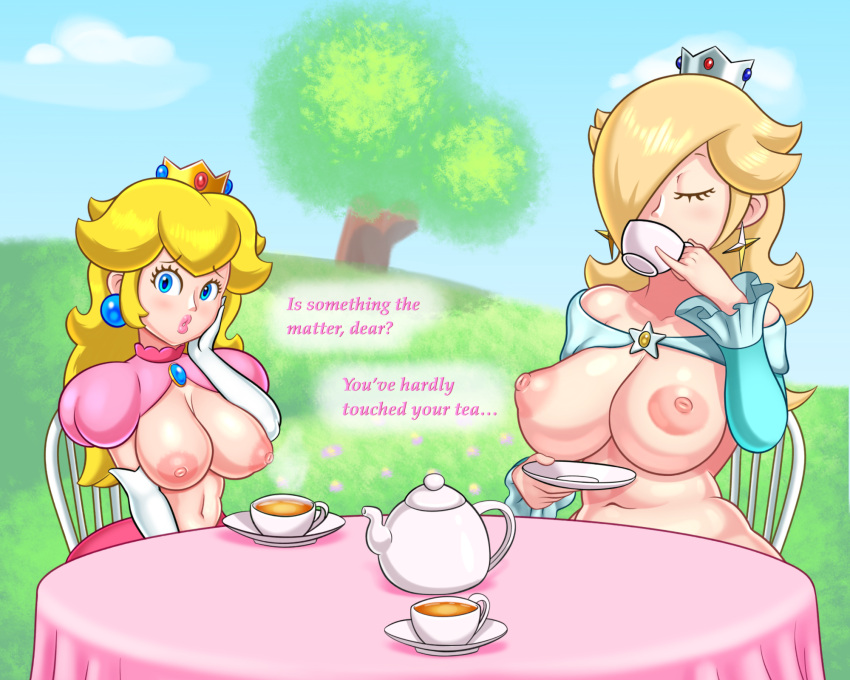 2girls alternate_breast_size areolae big_breasts breasts casual casual_nudity dialogue english_text female female_focus female_only human large_breasts mario_(series) multiple_girls nintendo nipples princess_peach princess_rosalina sleepiitreat speech_bubble super_mario_galaxy talking_to_viewer text