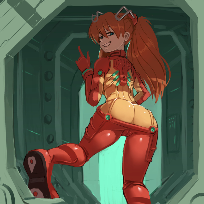 1girls ass ass_cleavage asuka_langley_sohryu big_ass bodysuit breasts butt_crack cameltoe clothing eye_contact female from_behind gekasso human light-skinned_female light_skin long_hair looking_at_viewer looking_back neon_genesis_evangelion orange_hair pilot_suit plugsuit pussy_outline rebuild_of_evangelion sensual smile solo test_plugsuit thick_thighs thighs tight_clothing twintails