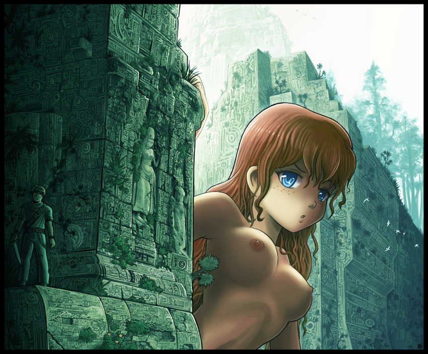 bird blue_eyes border breasts felarya freckles giantess hiding jissy karbo nude red_hair ruins shadow_of_the_colossus tree wander