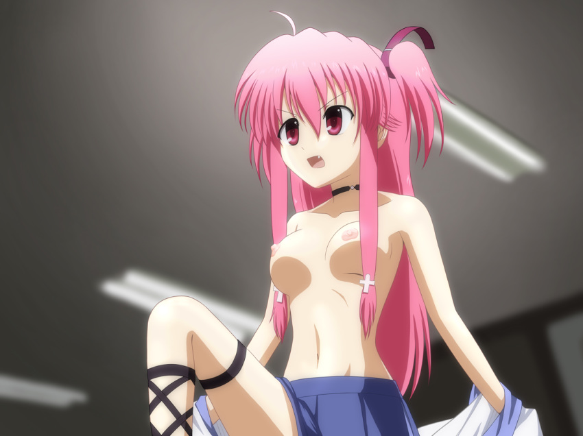 1girls ankle_lace-up breasts censored cross-laced_footwear female long_hair nipples parody pink_eyes pink_hair short_twintails solo sora_(aki00) tied_hair topless twintails undressing yui_(angel_beats!)