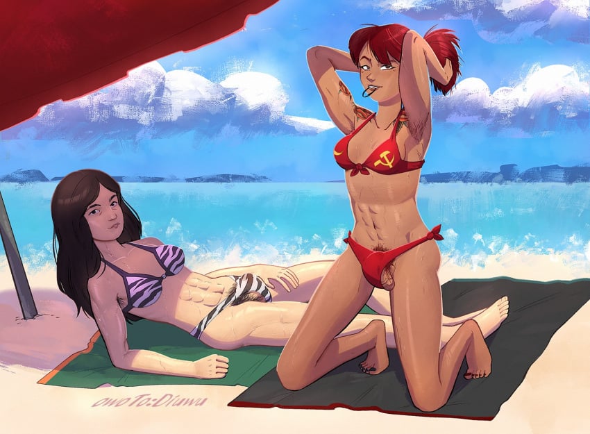 2futas abs armpit_hair armpits balls beach beach_background beach_towel beach_umbrella big_breasts bikini black_hair bra brown_eyes clear_sky clothed clothing clouds cock corey duo feet female_abs flaccid futa_only futanari ginger hairy hotline_miami human light-skinned_futanari light_skin long_hair mostly_nude mother_russia_bleeds muscular muscular_futa natasha ocean owotodiuwu painted_toenails pale-skinned_futanari penis ponytail precum pubes pubes_exposed pubic_hair pubic_hair_peek red_hair russian sand self_upload short_hair sunny swimsuit tan tan-skinned_futanari tanned tanned_female tanned_skin tanning tattoo tattoo_on_arm tattooed_arm tattoos toes underwear water