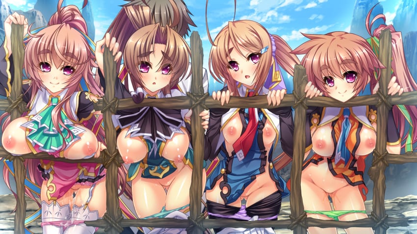 1boy 4girls areolae bachou_mouki_(koihime) batai blush breasts breasts_out brown_hair character_request chinese_girl chinese_girls clothed_sex clouds cum cum_in_pussy cumdrip exhibitionism game_cg harem highres hikage_eiji hongou_kazuto katagiri_hinata koihime†_(series) koihime_musou large_breasts legs long_hair looking_at_viewer multiple_girls nipples panties panty_pull pink_eyes ponytail public sex sky small_breasts smile thighs tied_hair underwear vaginal_penetration