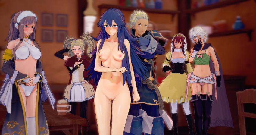 2boys 3d 4girls alternate_costume anna_(fire_emblem) anna_(fire_emblem)_(cosplay) anna_(fire_emblem_fates) blonde_hair blue_hair blush breasts brown_hair cleavage clothed_female_nude_female clothed_male_nude_female clothing_swap costume_switch embarrassed embarrassed_nude_female fire_emblem fire_emblem_awakening fire_emblem_fates koikatsu lissa_(fire_emblem) lissa_(fire_emblem)_(cosplay) long_hair lucina_(fire_emblem) lucina_(fire_emblem)_(cosplay) navel nintendo nipples nowi_(fire_emblem)_(cosplay) nude nude_female olivia_(fire_emblem)_(cosplay) only_one_naked outfit_swap poly_(artist) ponytail public public_nudity red_hair robin_(fire_emblem) robin_(fire_emblem)_(male) short_hair sumia_(fire_emblem) thumbs_up twintails vaike_(fire_emblem) white_hair