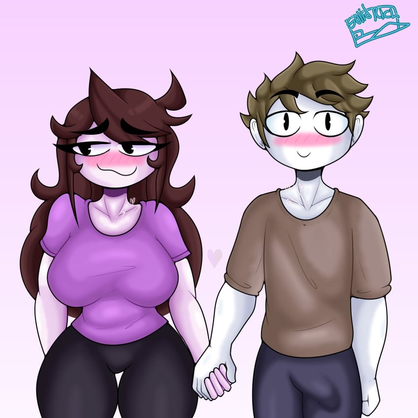 1boy anon anor3xia blush breasts collaboration cute erection_under_clothes eyebrows_visible_through_hair female fully_clothed holding_hands jaiden jaiden_animations looking_at_another signature solidrich thick_thighs youtube youtuber