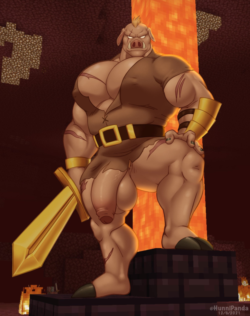 2021 anthro armor balls barazoku belt bent_leg big_balls big_muscles big_pecs big_penis bottomless bracers brick clothed clothing flaccid foreskin genitals gold_(metal) hair hand_on_leg hi_res holding_object holding_sword holding_weapon hooves humanoid_genitalia humanoid_penis hunnipanda lava looking_at_viewer male male_only mammal melee_weapon microsoft minecraft mojang muscular muscular_anthro muscular_male nether pecs penis piglin piglin_brute rock scar solo standing suid suina sus_(pig) sword thick_thighs tunic tusks unconvincing_armor video_games weapon white_eyes xbox_game_studios