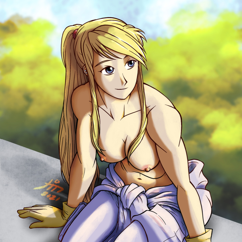 1girls athletic_female blonde_hair blue_eyes ear_piercing earrings exposed_breasts female_only fit fit_female fullmetal_alchemist gloves happy jin_(artist) light_skin long_hair medium_breasts no_bra piercing ponytail smile toned_arms toned_female topless winry_rockbell