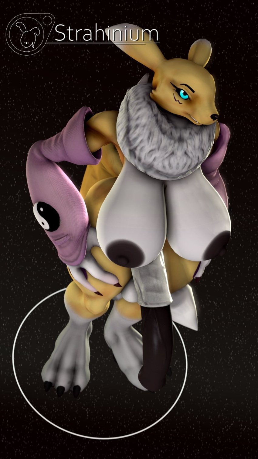 1futa 3d_(artwork) akkoarcade animal_genitalia animal_penis anthro armwear balls bandai_namco big_breasts big_penis black_sclera blue_eyes breasts canid clothing digimon digimon_(species) digital_media_(artwork) equine_penis fur futanari genitals gynomorph hands_on_hips hi_res intersex long_penis mammal neck_tuft nipples nude penis renamon solo solo_focus source_filmmaker strahinium tuft white_body white_fur yellow_body yellow_fur