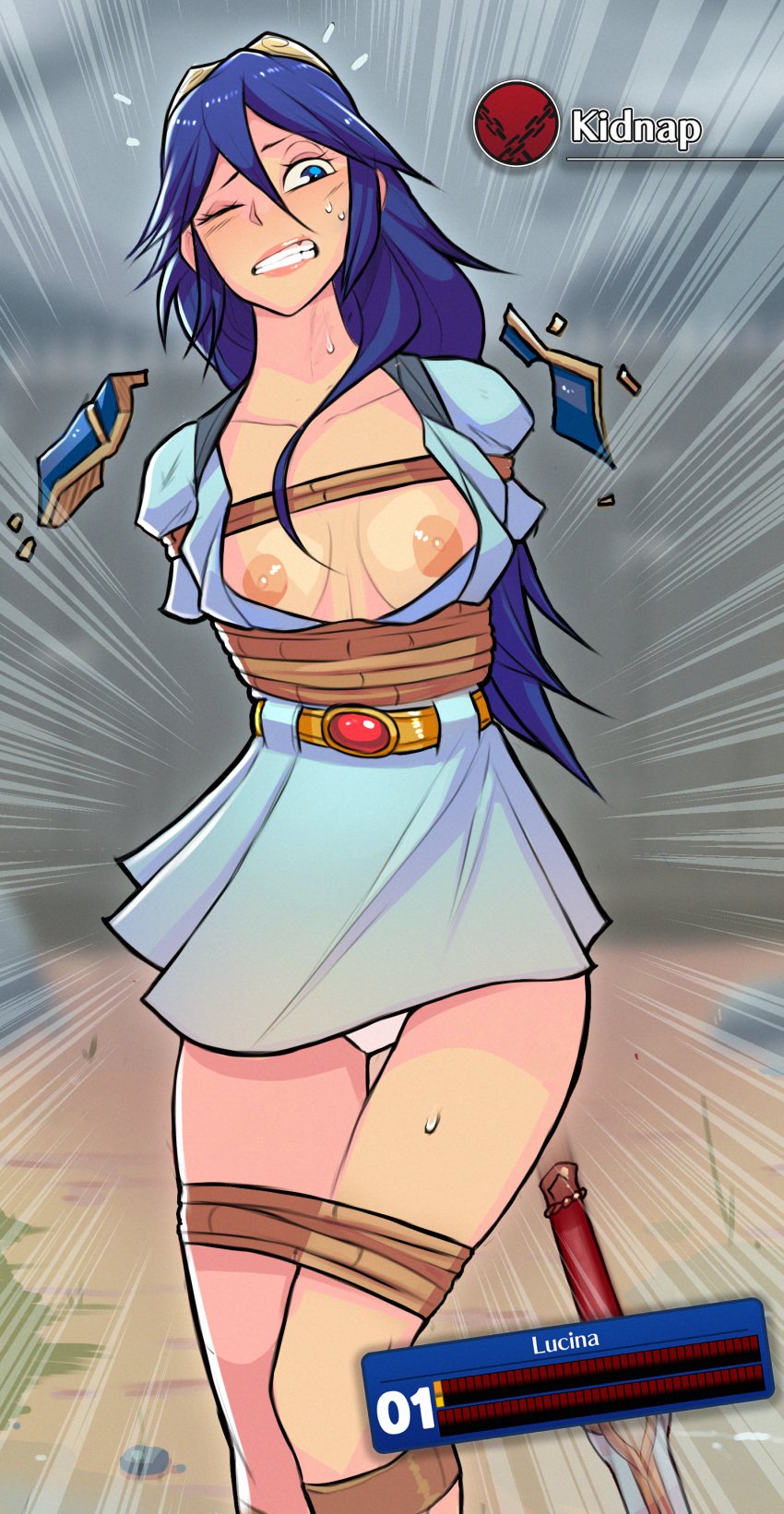 1girls alternate_costume arms_behind_back bare_legs blue_eyes blue_hair bondage breasts breasts_out captured clenched_teeth dress english_text exposed_breasts falchion_(fire_emblem) falsealias female_only femsub fire_emblem fire_emblem_awakening gameplay_mechanics long_hair lucina_(fire_emblem) nintendo nipples one_eye_closed panties pantyshot pantyshot_(standing) rope small_breasts solo stats sweat sword text tiara underwear upskirt white_panties