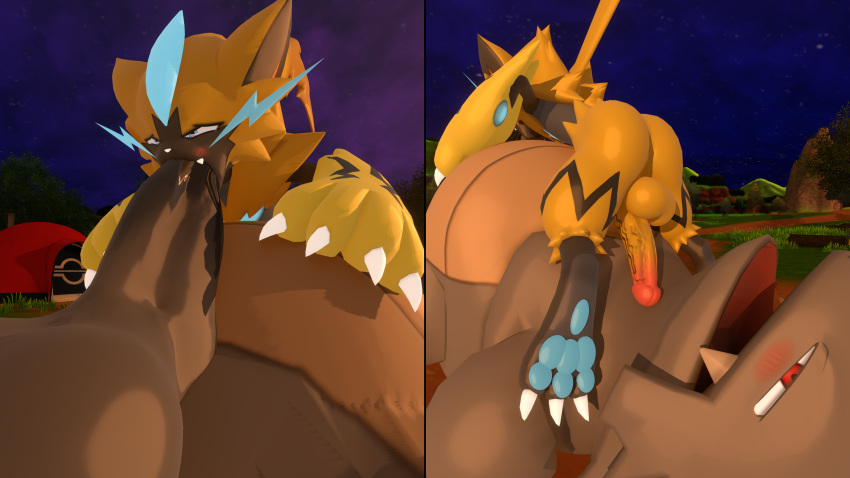 <3_eyes 16:9 2021 3_toes 3d_(artwork) 4_fingers 4k absurd_res anthro balls belly big_balls big_belly big_penis biped black_body black_fur blue_eyes blue_pawpads blush bodily_fluids bromeister2 claws deepthroat digital_media_(artwork) duo erection eyeliner feet fellatio fingers fur genitals grey_body grey_penis half-closed_eyes heart hi_res huge_balls huge_cock humanoid_genitalia humanoid_penis hyper hyper_genitalia hyper_penis legendary_pokemon lying makeup male male/male narrowed_eyes nintendo nude obese obese_male on_back oral oral_penetration outside overweight overweight_male pawpads penetration penis pokémon_(species) pokemon pokemon_(species) potbelly red_eyes rhydon saliva saliva_on_penis sunset tan_body tears teeth toes vein veiny_penis video_games wet wet_penis widescreen yellow_body yellow_fur yellow_penis zeraora