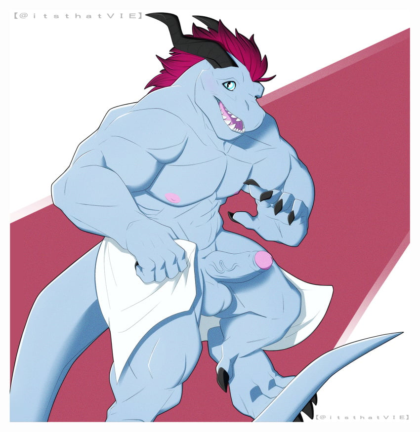 anthro balls barazoku clothing dragon embarrassed erection foreskin genitals hi_res horn male mohawk muscular nipples penis rangstrom reptile scalie solo v-i-e wardrobe_malfunction