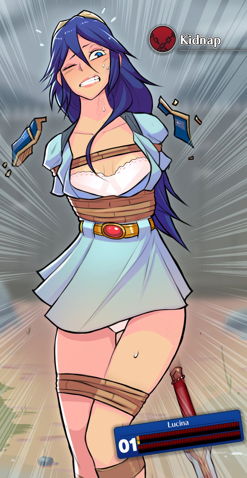 1girls alternate_costume arms_behind_back bare_legs blue_eyes blue_hair bondage bra captured clenched_teeth dress english_text falchion_(fire_emblem) falsealias female_only femsub fire_emblem fire_emblem_awakening gameplay_mechanics long_hair lucina_(fire_emblem) nintendo one_eye_closed panties pantyshot pantyshot_(standing) rope small_breasts solo stats sweat sword text tiara underwear upskirt white_panties